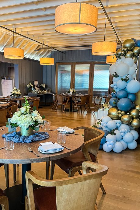 image of private event with balloons and flowers at ORA restaurant